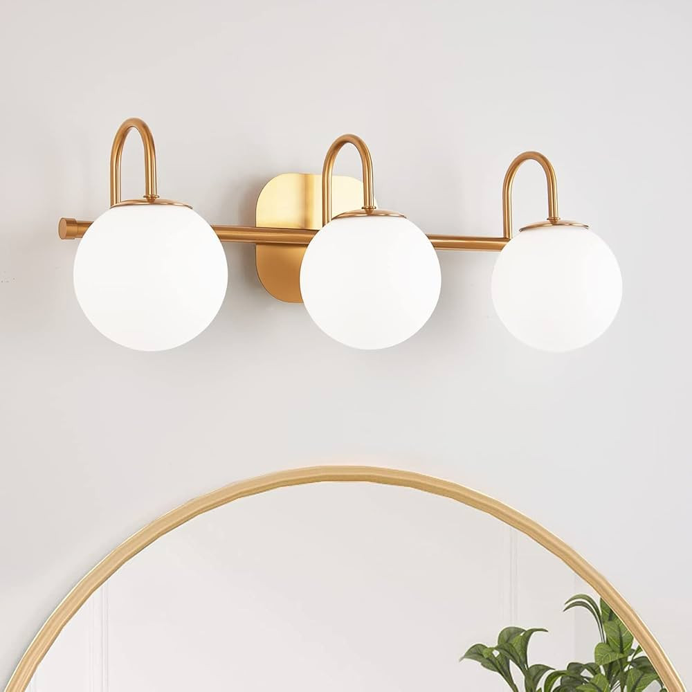 Modern Bathroom Vanity Light Fixtures 3 Lights Brushed Brass Frame and Milk White Glass Globe Sha... | Amazon (US)