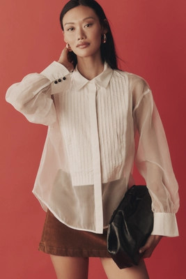 By Anthropologie Sheer Cuffed Organza Buttondown Top | Anthropologie (US)