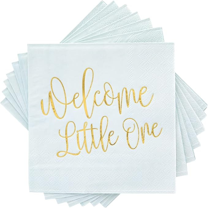 BLUE PANDA 50 Pack Light Blue Baby Shower Cocktail Napkins for Boy, Gold Foil Welcome Script Desi... | Amazon (US)