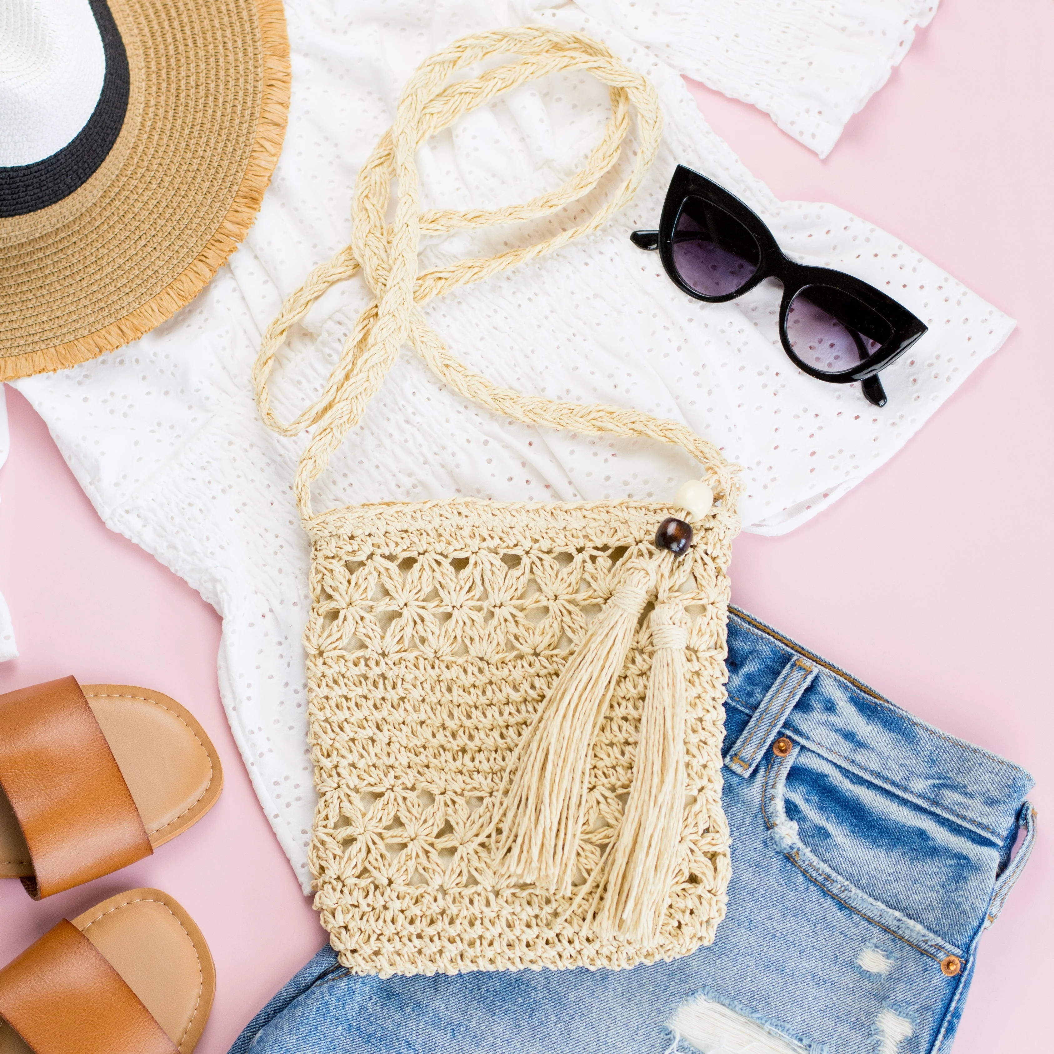 Woven Straw Tassel Accent Crossbody Bag - Straw | Pink Lily