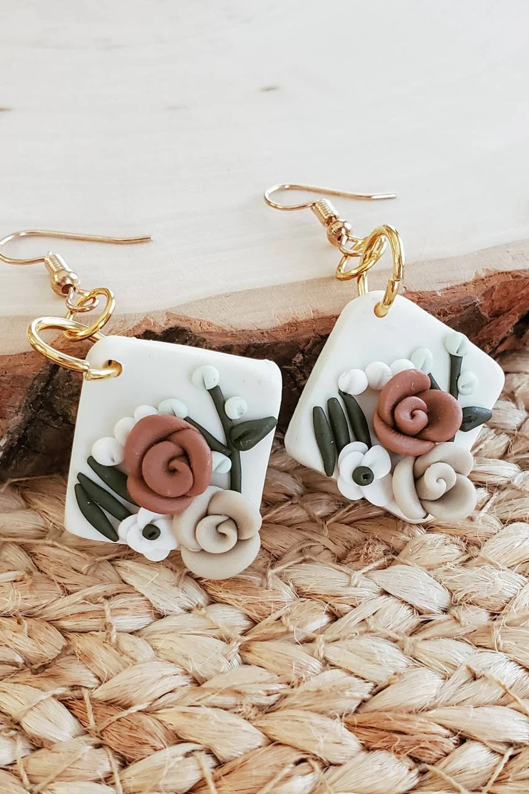 CLAY FLORAL EARRINGS Boho Rose Earrings Neutral Tones 3d - Etsy | Etsy (US)