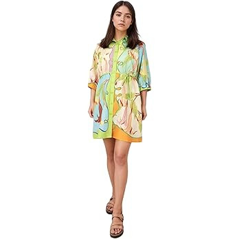 Summer Shirt Dress for Women Long Sleeve Floral Printed Button Down Mini Dresses | Amazon (US)