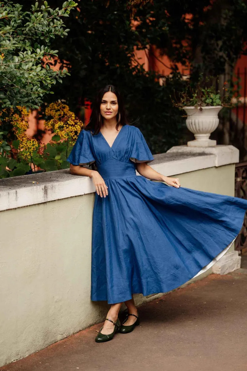 Daisy \u2013 V-neck Linen Dress With Bow Waist Tie, Bijou Blue - Etsy UK | Etsy (Global)