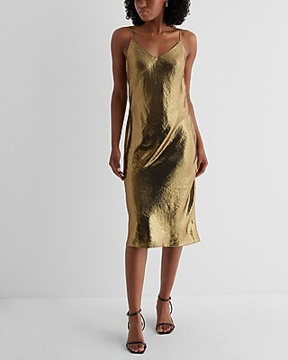 Metallic V-neck Downtown Cami Midi Slip Dress | Express