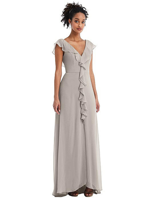 Ruffle-Trimmed V-Back Chiffon Maxi Dress | The Dessy Group