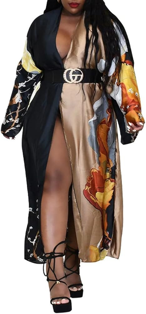 Kimono Robes Long Cardigans for Women Floral Print Satin Open Front Cover Ups Dress Loose Outwear | Amazon (US)