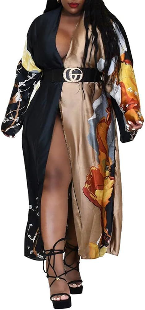 Kimono Robes Long Cardigans for Women Floral Print Satin Open Front Cover Ups Dress Loose Outwear | Amazon (US)