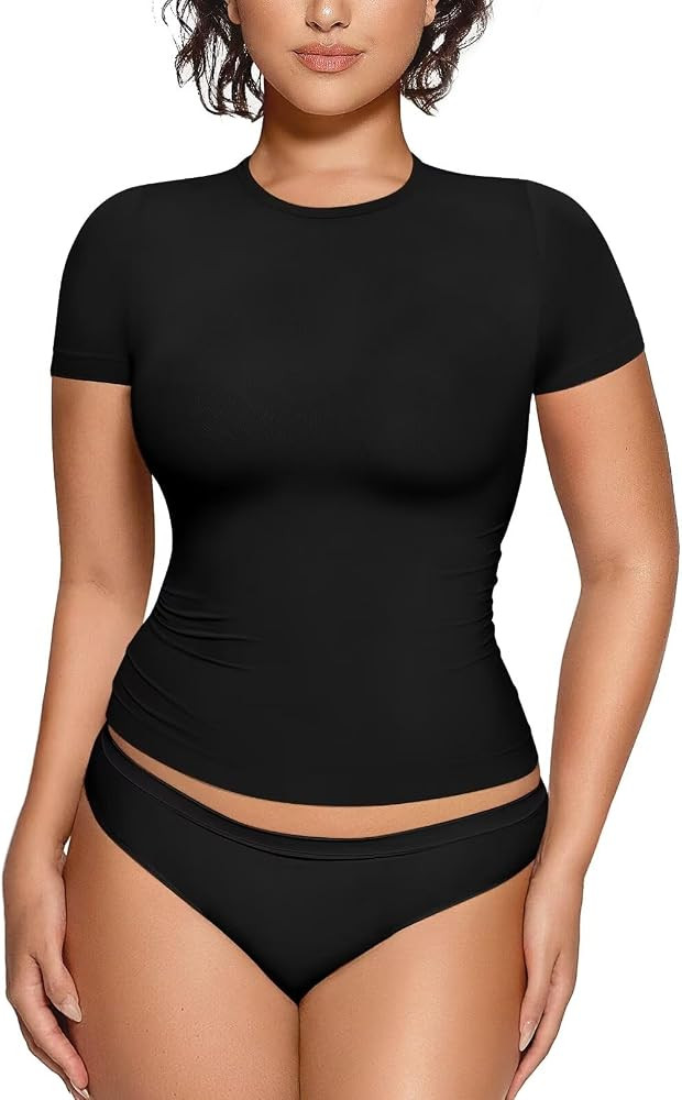 Vertvie Women's Crew Neck Short Sleeve Tops Slim Fitted T Shirts Basic Tee Y2k Crop Top Soft Smoo... | Amazon (US)