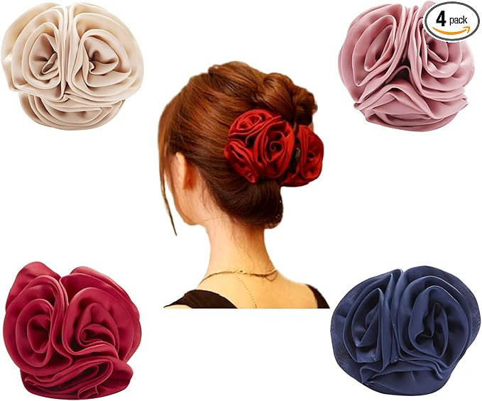 4 Pack Large Butterfly Octopus Ribbon Silk Chiffon Rose Flower Large Bows Metal Hair Claw Clips J... | Amazon (UK)
