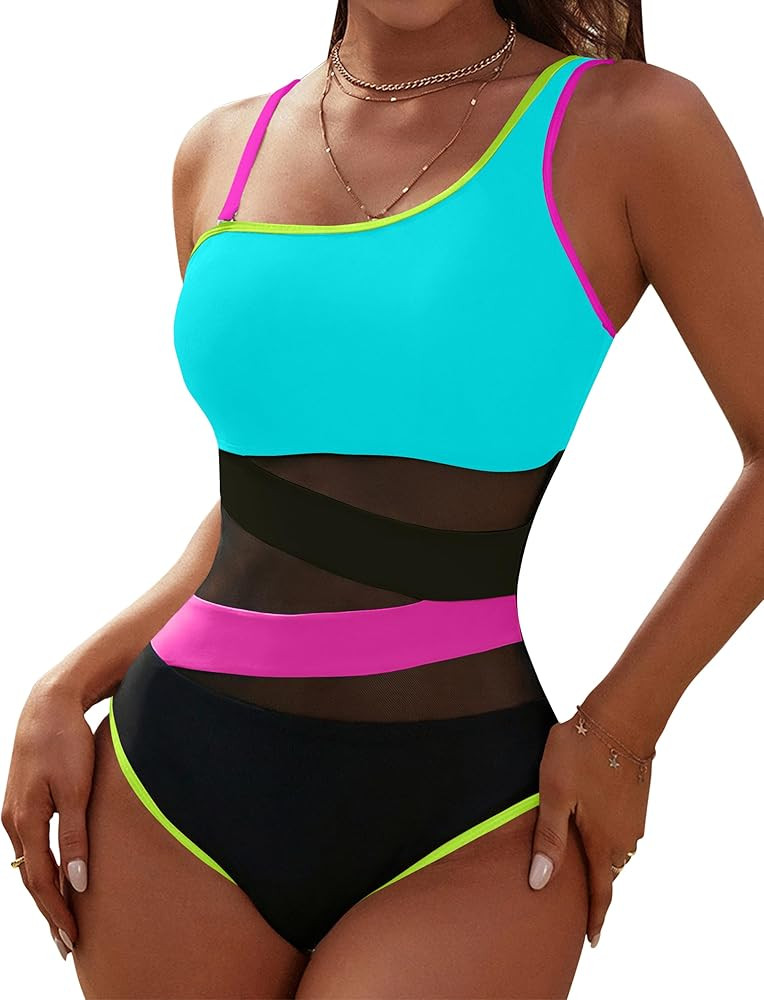 Blooming Jelly Women's Sexy One Piece Bathing Suits One Shoulder Swimsuits Slimming Mesh Swimwear | Amazon (US)