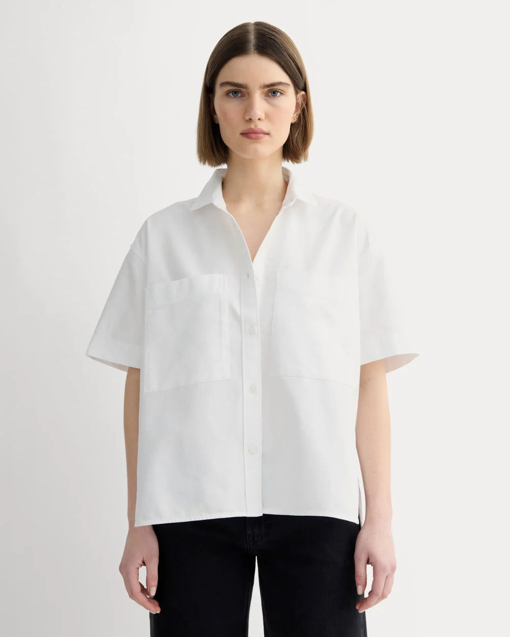 Everlane Short-Sleeve Boxy Oxford Shirt In White, Size Small, Cotton | Everlane