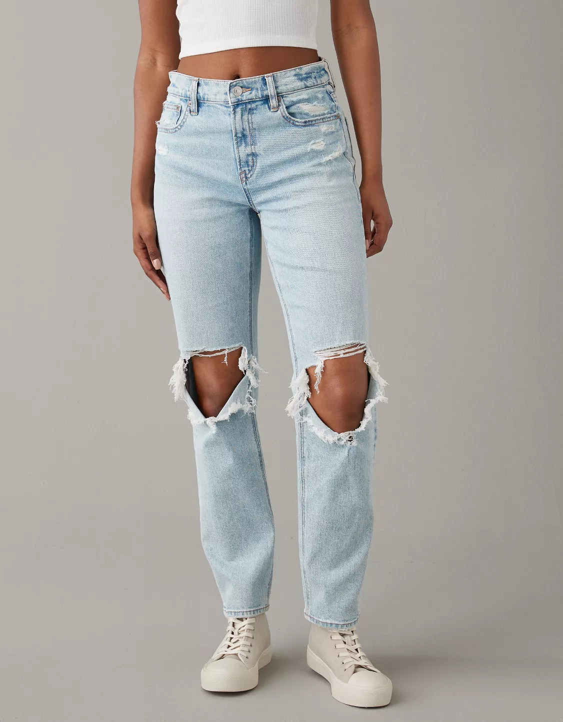 AE Stretch Super High-Waisted Ripped Ankle Straight Jean | American Eagle Outfitters (US & CA)