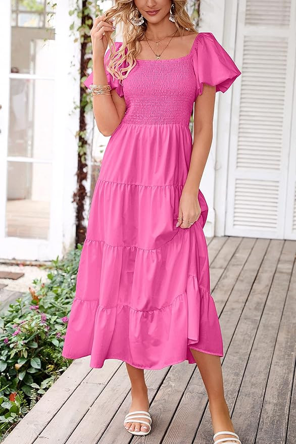 PRETTYGARDEN Women's Casual Summer Midi Dress Puffy Short Sleeve Square Neck Smocked Tiered Ruffl... | Amazon (US)