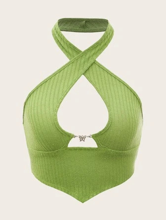 SHEIN ICON Butterfly Detail Cross Wrap Hanky Hem Halter Top | SHEIN