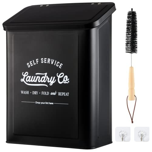 MONJITA Magnetic Lint Bin for Laundry Room, Wall Mounted Lint Trash Can with Lid for Dryer, Laundry Room Organization and Storage with Brush(Black) | Amazon (US)