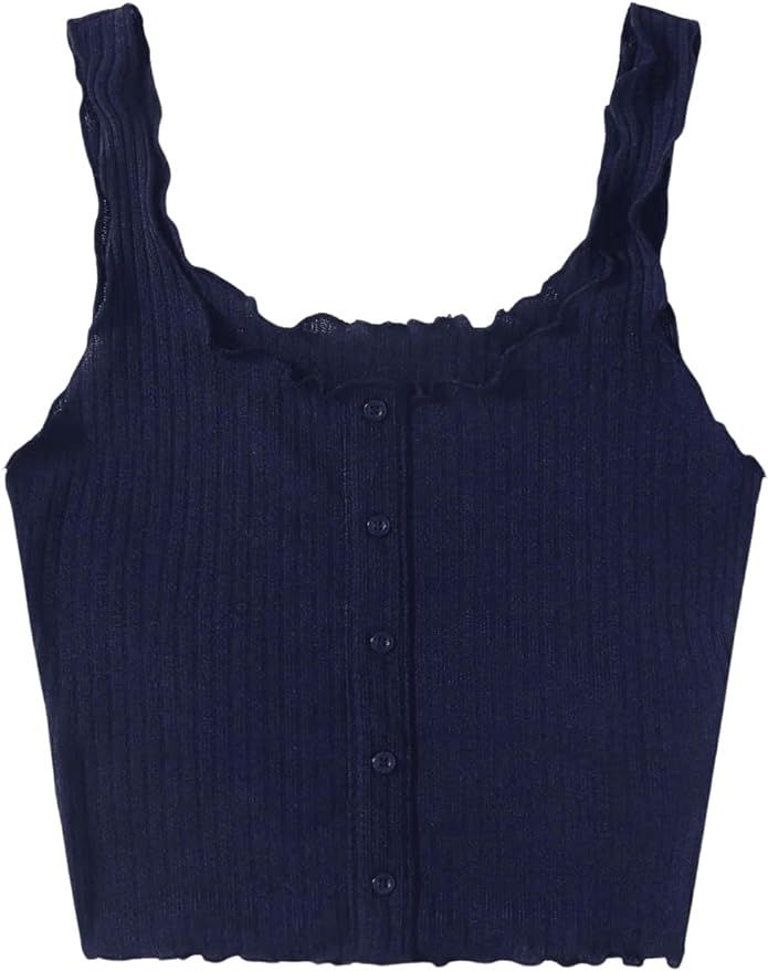 SweatyRocks Women's Sleeveless Vest Button Front Crop Tank Top Ribbed Knit Belly Shirt Solid Navy... | Amazon (US)