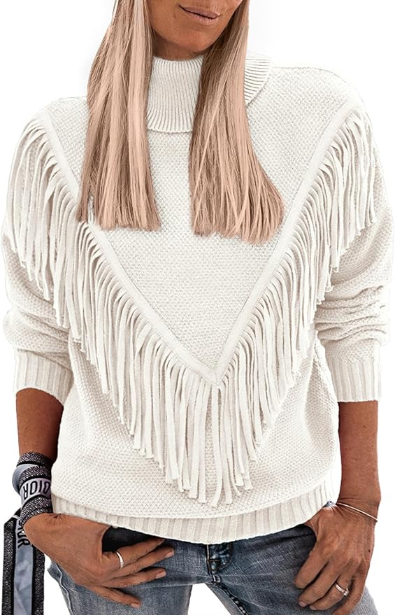 PRETTYGARDEN Women's 2023 Fall Knit Pullover Sweaters Long Sleeve Turtleneck Fringe Jumper Tops B... | Amazon (US)