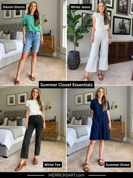 Summer closet staples: denim shorts (on sale!), white jeans (10% off + free shipping with code MERRICKXSPANX), white tee, summer dress 

#LTKStyleTip #LTKSeasonal #LTKSaleAlert