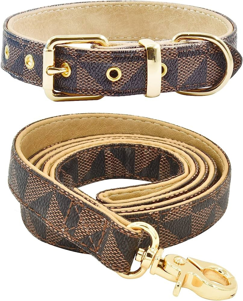 Leather Dog Collar and Leash Set, Check Pattern Dog Collar Leashes Metal Buckle Adjustable Durabl... | Amazon (US)