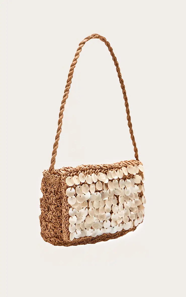 Natural Shell Detail Raffia Shoulder Bag | PrettyLittleThing UK