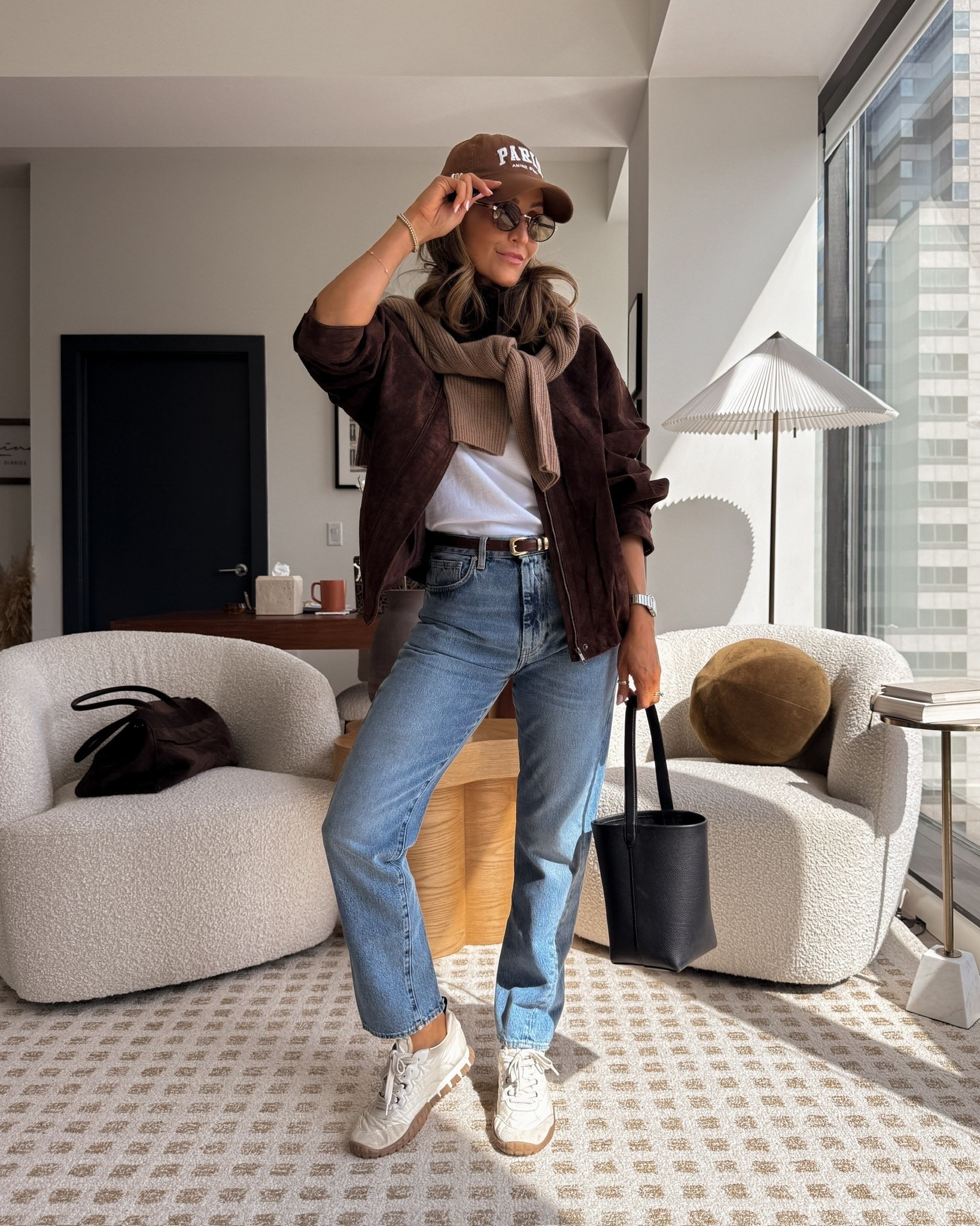 The perfect early fall outfit 🫶🏽 Wearing my favorite sneakers, jeans, bag, suede jacket, and cashmere sweater! This is a go-to for everyday, travels, kids’ school drop offs, meetings and so much more! Size 26 in jeans and small in the tops.

#LTKgrwm #LTKmorningroutine #LTKTravel