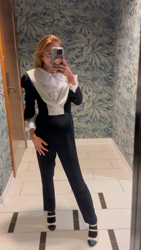 Workwear jumpsuit pantsuit powersuit 
Rachel Zoe tuxedo style jumpsuit 
Peter Pan collar 
Preppy style 
Classic style 
Chanel style shoes 


#LTKworkwear #LTKshoecrush #LTKparties