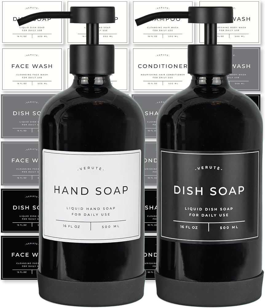 16oz Glass Soap Dispenser with Stainless Steel Pump, 21 Waterproof Labels, Non-Slip Protective Si... | Amazon (US)