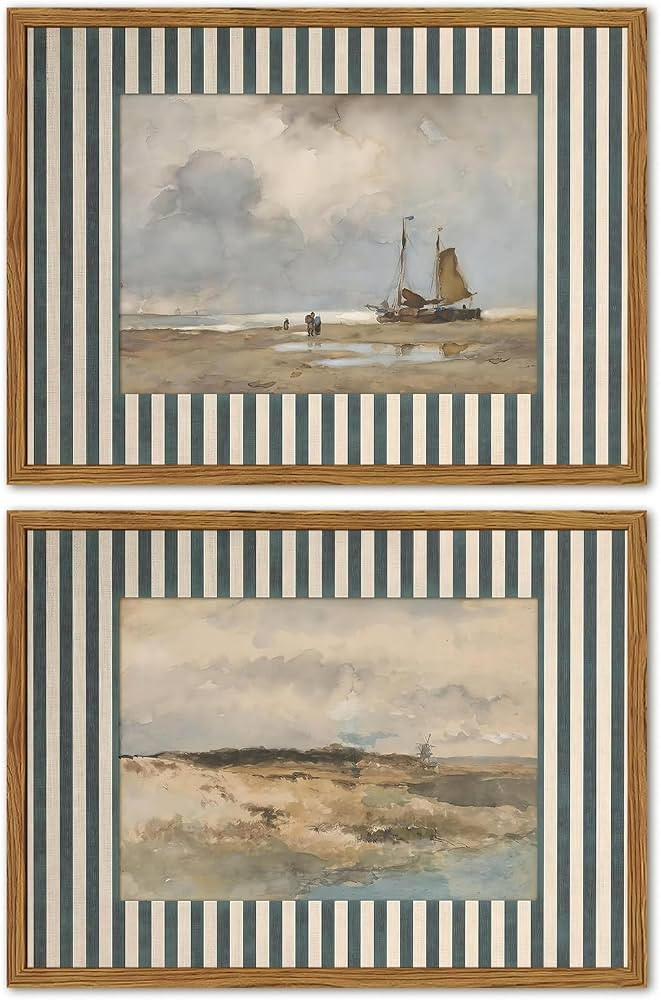 Framed Vintage Coastal Landscape Wall Art Set of 2, Retro Blue and White Striped Beach Sailboat P... | Amazon (US)