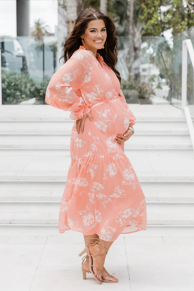 In The Sunshine Coral Floral Notched Neck Midi Dress - Natalie Kennedy X Pink Lily | Pink Lily
