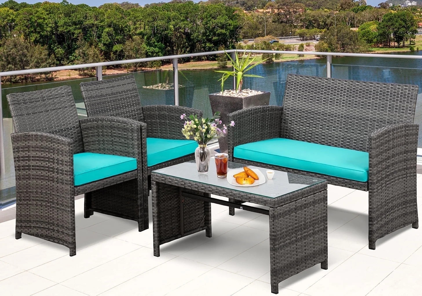 Walsunny 4 Piece Patio Ratten Set Outdoor Furniture Set Wicker Conversation Set with Cushions and... | Walmart (US)