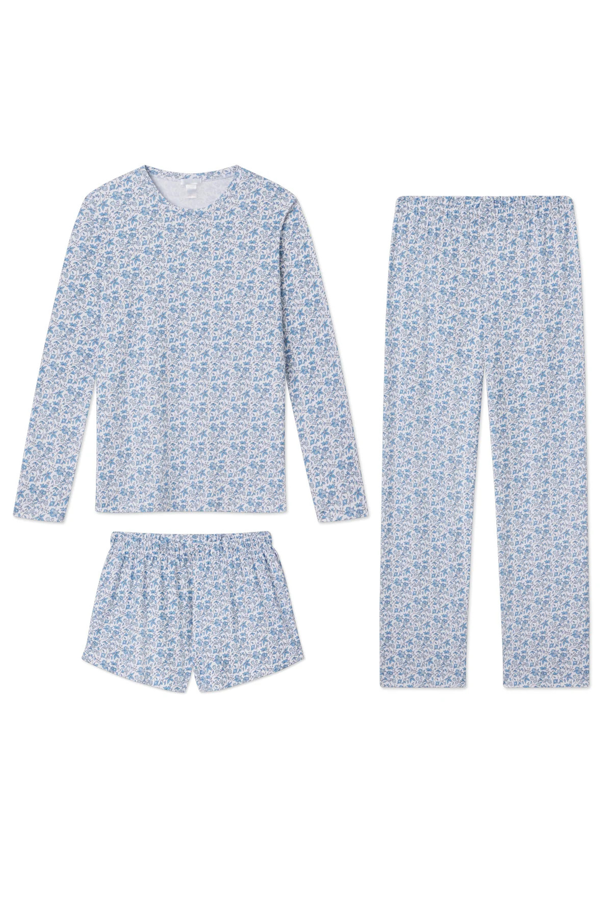 Pima Crew Long Sleeve Bundle in Delft Blue Garden Floral | Lake Pajamas