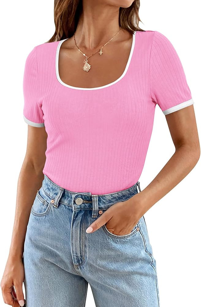PRETTYGARDEN Womens Summer Short Sleeve T Shirts Ribbed Knit Square Neck Color Block Slim Fitted ... | Amazon (US)