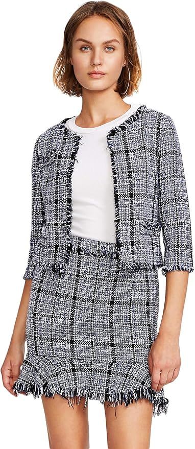 MakeMeChic Women's Two Piece Slim Fit Suit Frayed Tweed Blazer and Skirt Set | Amazon (US)