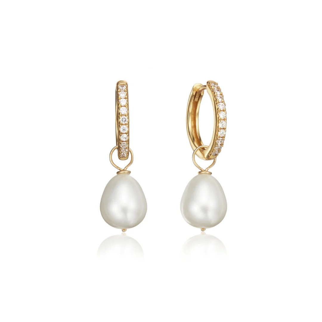 Gold Diamond Style Large Pearl Drop Hoop Earrings | Lily & Roo