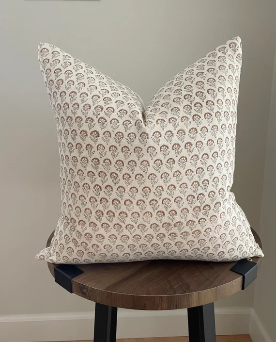 Tan floral Designer hand blocked pillow cover | | Etsy (US)