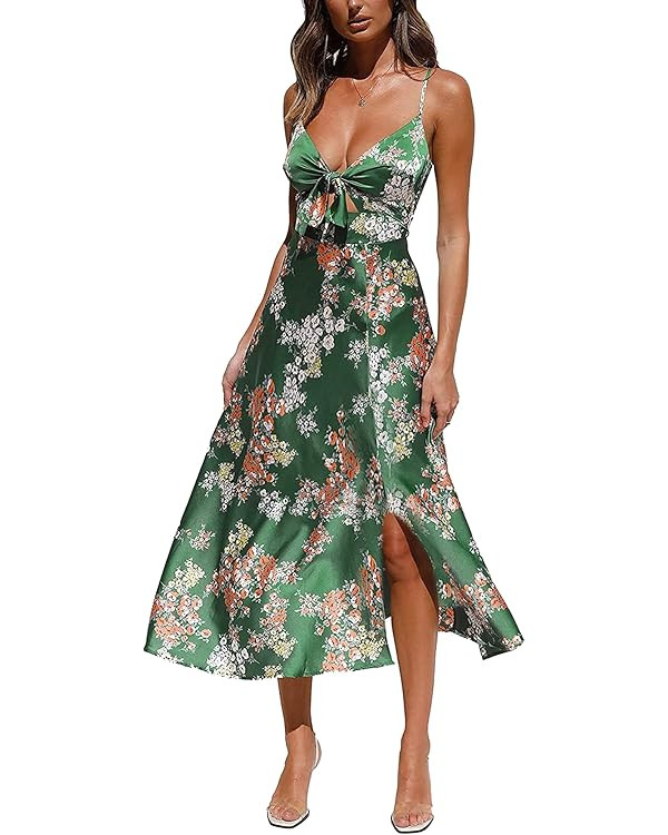 Fashionme Women Spaghetti Strap Midi Satin Dresses Tie Front Backless Split Hollow Dress | Amazon (US)