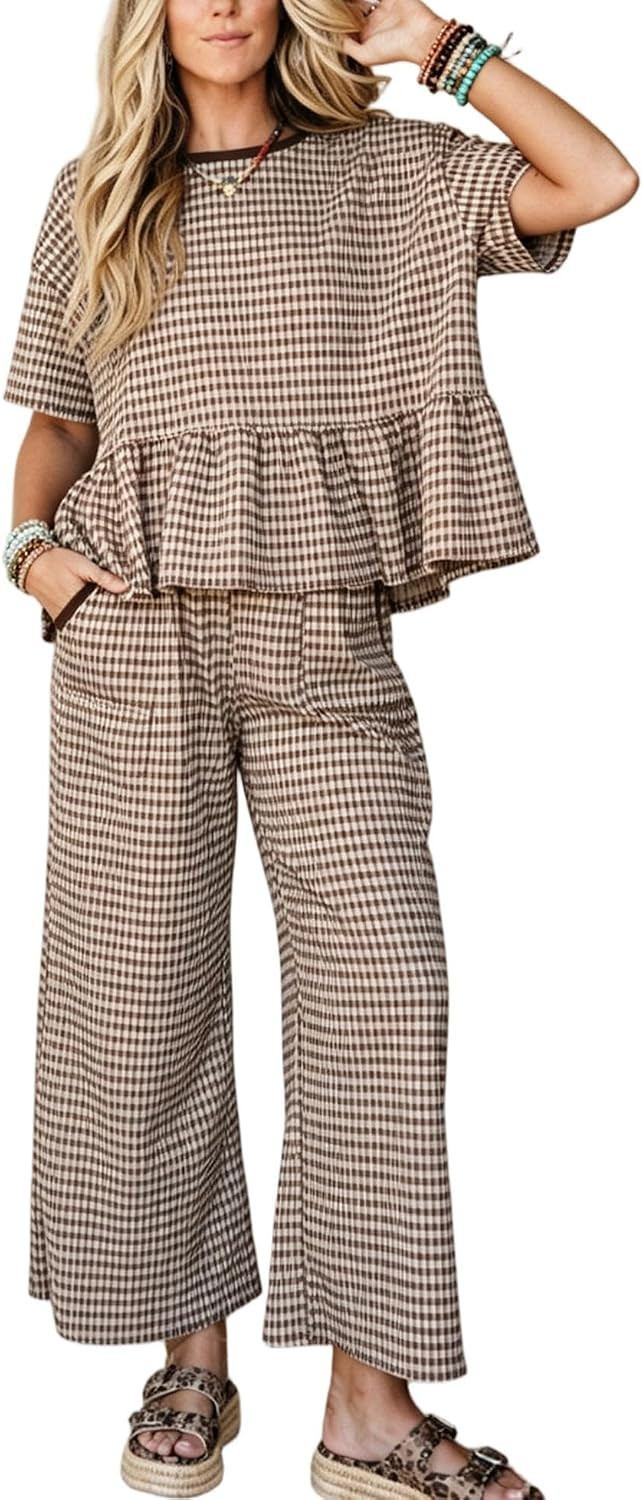 Gingham Workout Sets for Women Baggy Short Sleeve Top Long Pants Sets Lounge Two Piece Outfits with Pockets | Amazon (US)