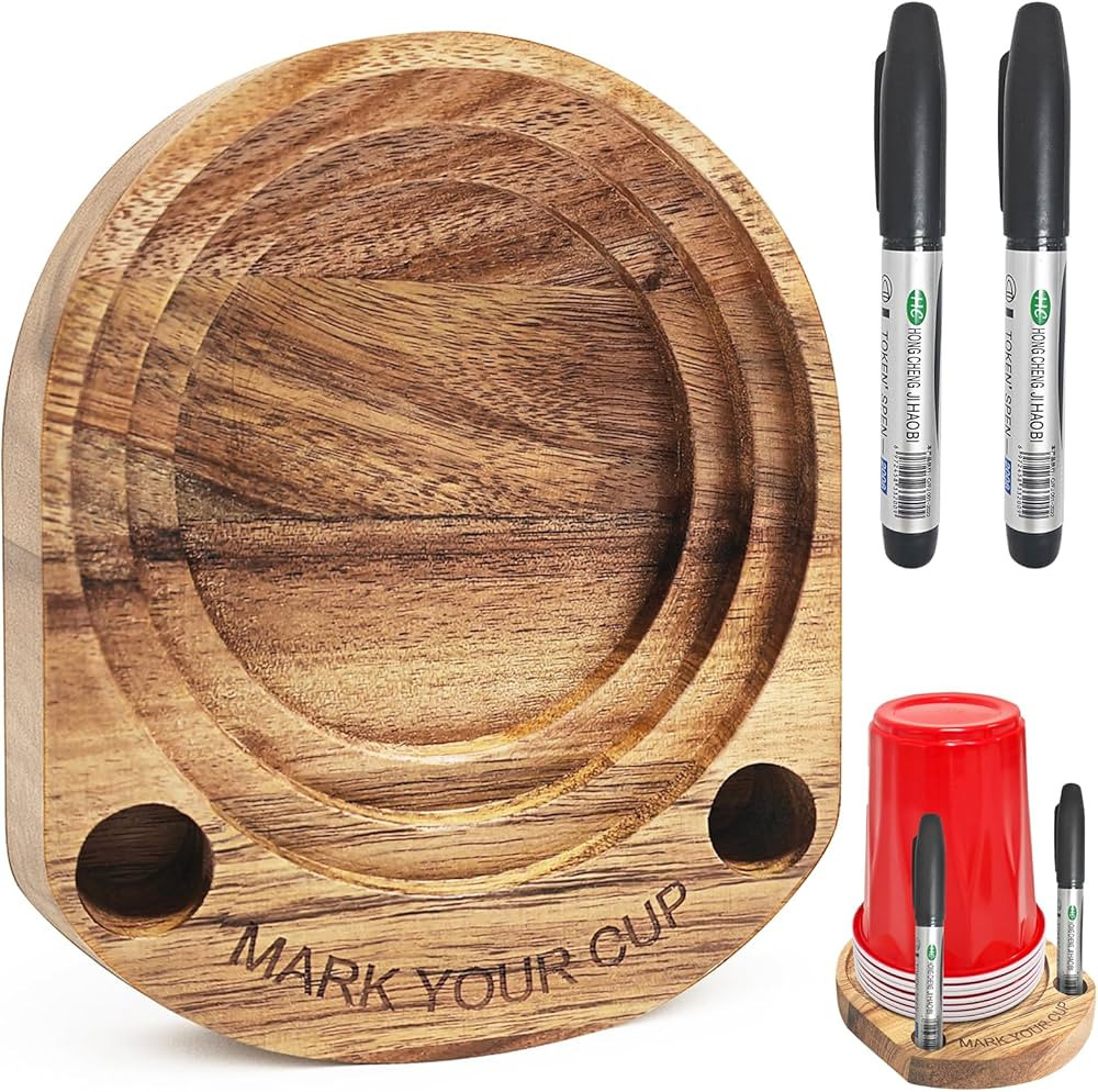 Party Cup Holder with Marker Slot, Acacia Wood Bathroom Cup Dispenser Mark Your Cup and Drink Up,... | Amazon (US)