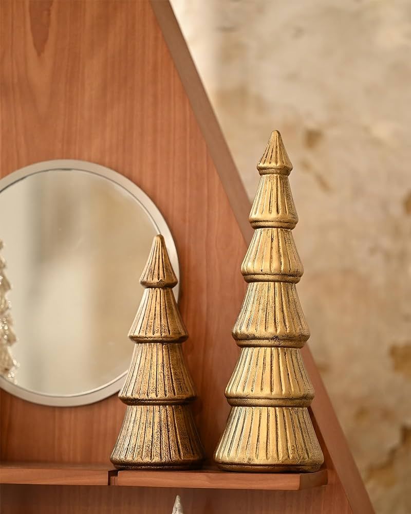 WONDROUS' DECO Wooden Christmas Tree Figurine, Tabletop Gold Tree Figurine, Set of 2 Desk Centerp... | Amazon (US)