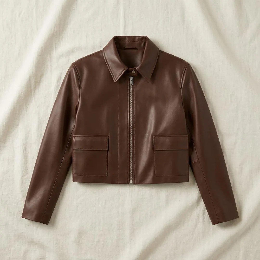 Cognac Cropped Leather Jacket - Women's Brown Handcrafted Minimalist Biker Coat - Luxury Avant-ga... | Etsy (Global)