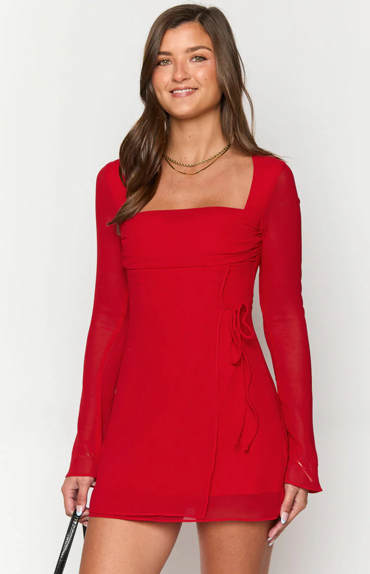 Lucy Red Long Sleeve Mini Dress | Beginning Boutique (US)
