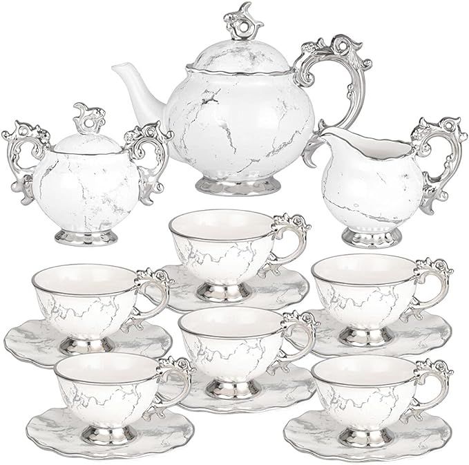 Tea Set Porcelain - Tea Sets for Women Adults 15 Pieces - Tea Cup and Saucer Set for 6 with Cream... | Amazon (US)