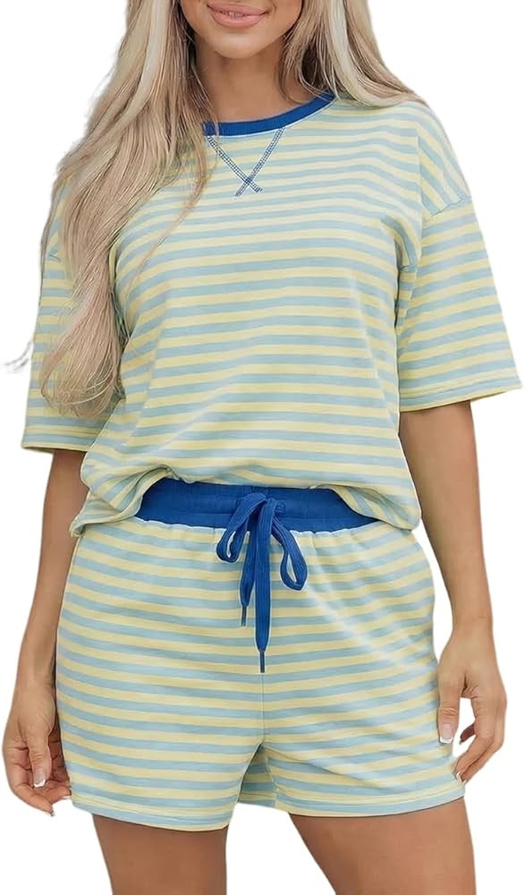 Ecosunny Womens 2 Piece Lounge Sets Matching Sets Stripe Drop Shoulder Boxy Casual Terry Short Se... | Amazon (US)