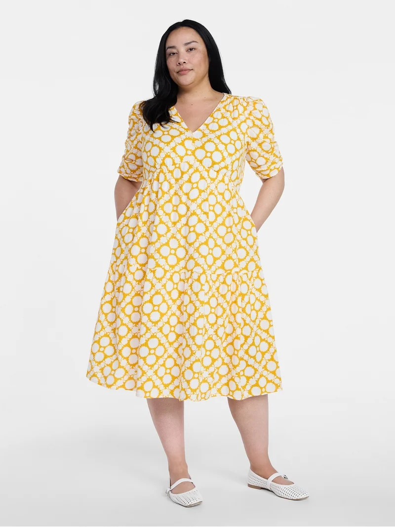 Time and Tru Women's Cotton Tiered Midi Dress with Elbow Length Sleeves, Sizes XS-XXXL | Walmart (US)