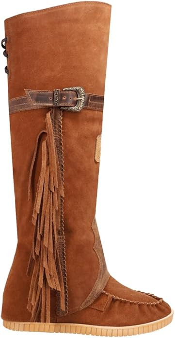 Dingo Womens Lakota Fringe Round Toe Moccasin Casual Boots Over the Knee Mid Heel 2-3" - Black | Amazon (US)