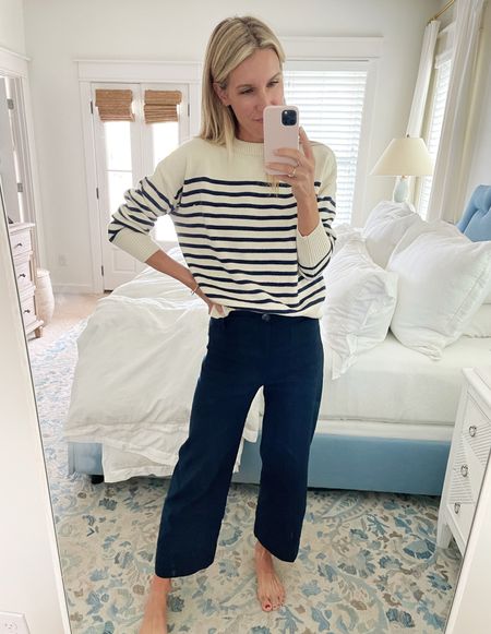 Love these pants for work or as non-jean option this fall! Runs TTS or slightly big. If in between two sizes go with the smaller one. It has good stretch to it!

Wearing a small in the stripe sweater

Work outfit
Fall outfit
High waisted pants 
Breton sweater 


#LTKworkwear #LTKstyletip #LTKSeasonal