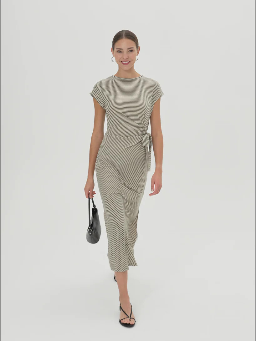 Striped Relaxed Midi Dress with Self-Tie | OGLmove