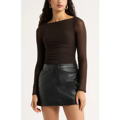 Open Edit Ruched Long Sleeve Mesh Top in Brown Ganache at Nordstrom, Size Xx-Small | Nordstrom