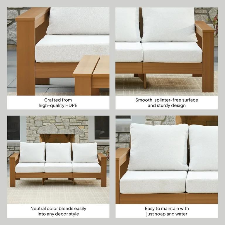 Better Homes & Gardens Ezra Outdoor HDPE Sofa, Teak with Cream Boucle Cushions - Walmart.com | Walmart (US)