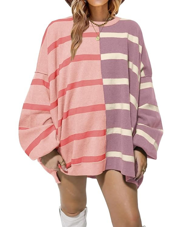 Fisoew Womens Striped Pullover Sweater Crew Neck Long Sleeve Knitted Color Block Casual Loose Lig... | Amazon (US)